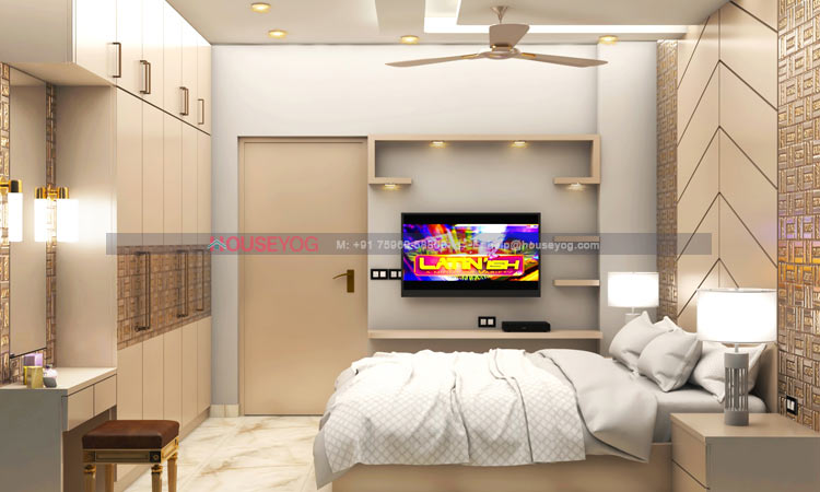 Middle class indian bedroom design with cupboard and dressing unit